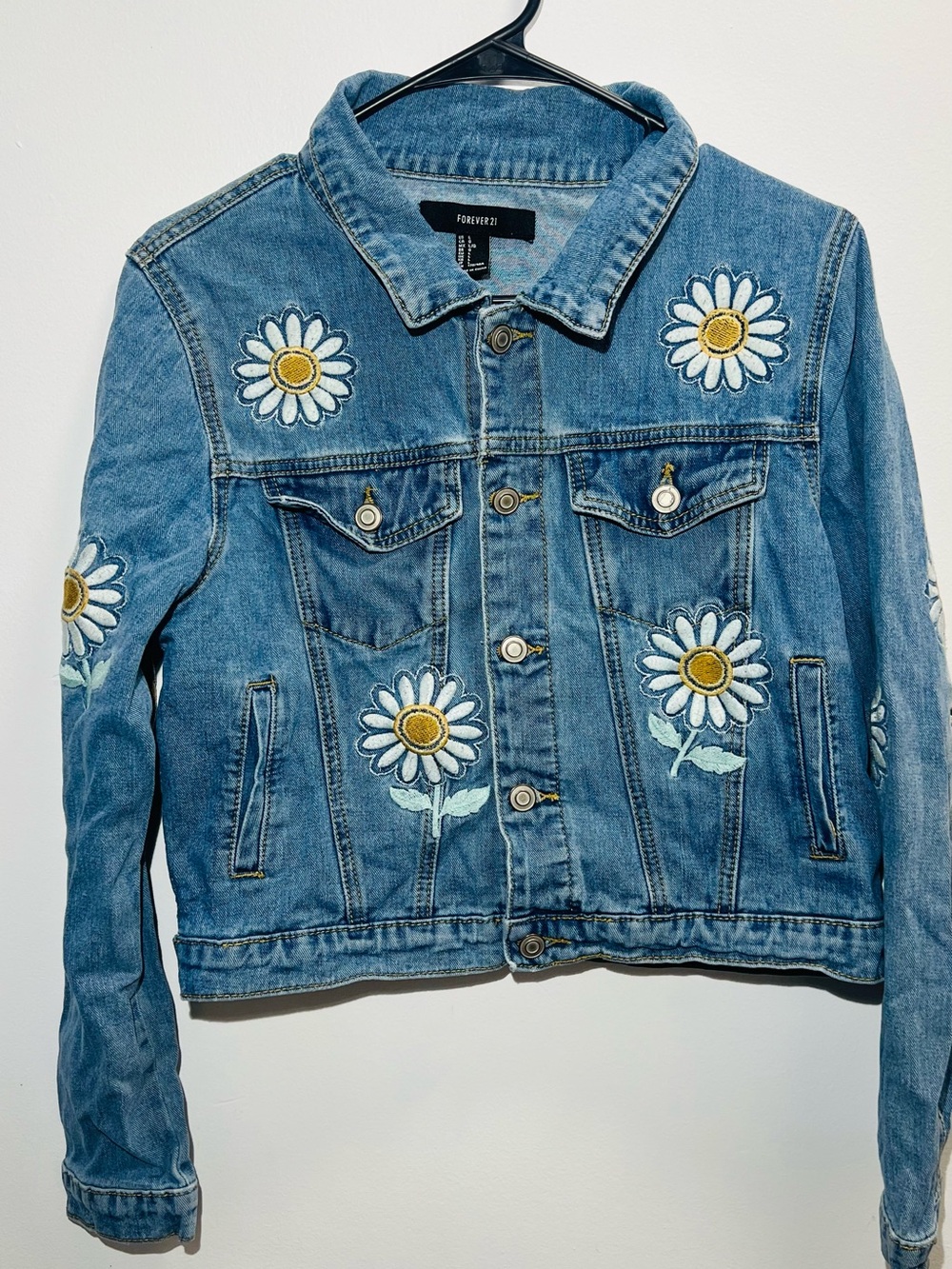 Forever 21 Light Blue Denim Jacket with Daisy Embroidered Accents